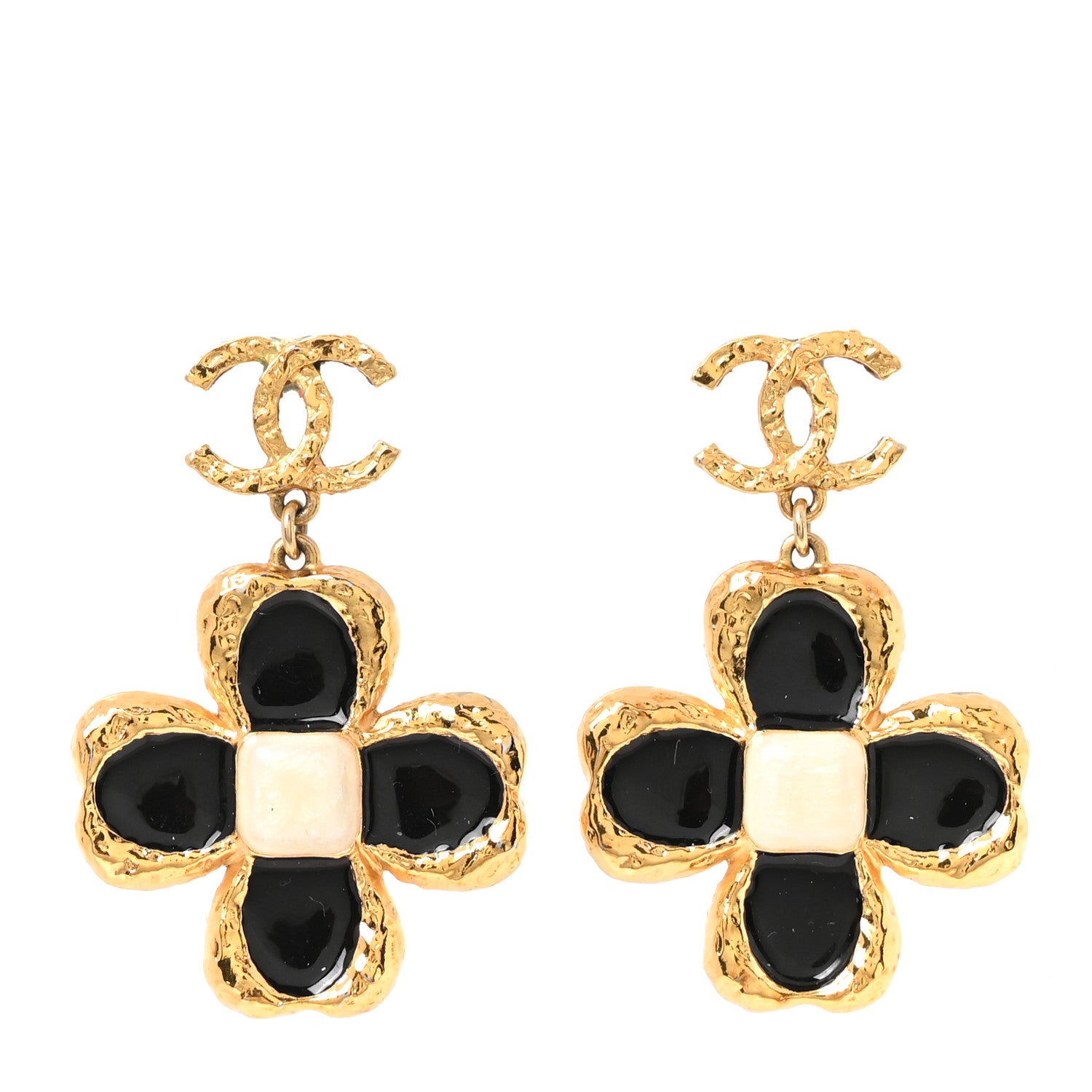 Chanel Resin Metal Glass CC Clover Drop Earrings Gold Black White 1 of 5