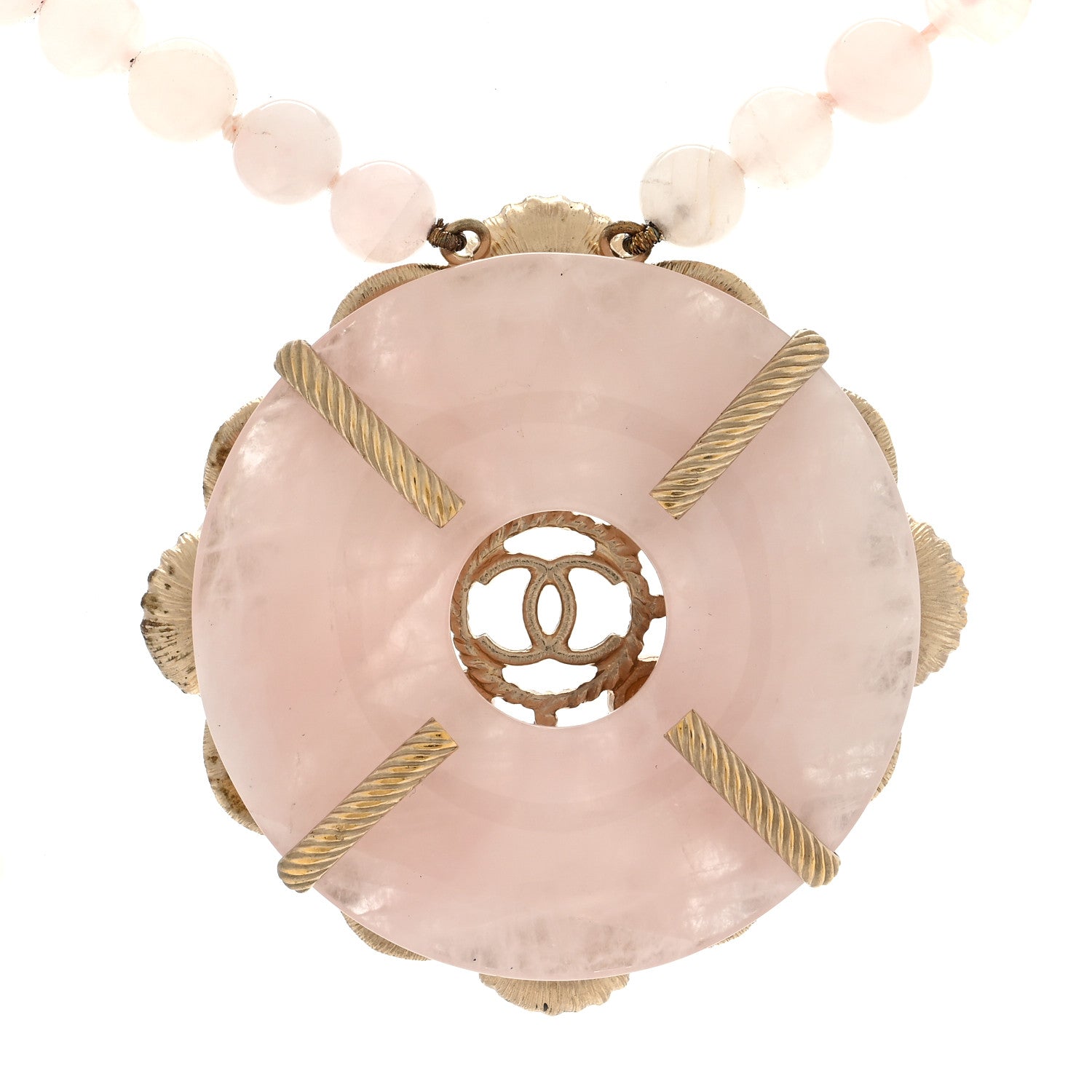 Chanel Rose Quartz Pearl Crystal CC Pendant Necklace Gold 5 of 5