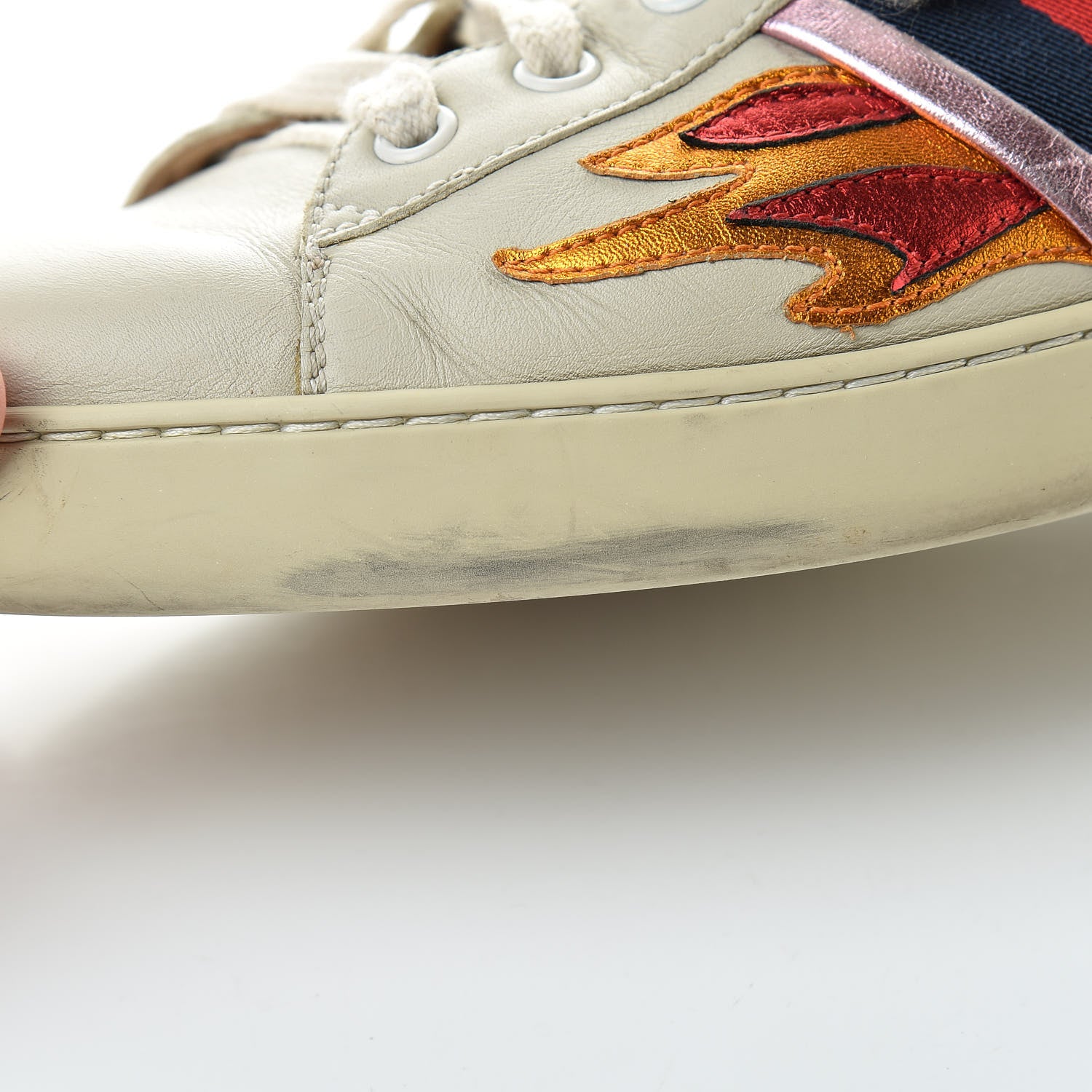 Gucci Calfskin Ayers Web Flames Embroidered Mens Ace Sneakers 10 Off White 12 of 23