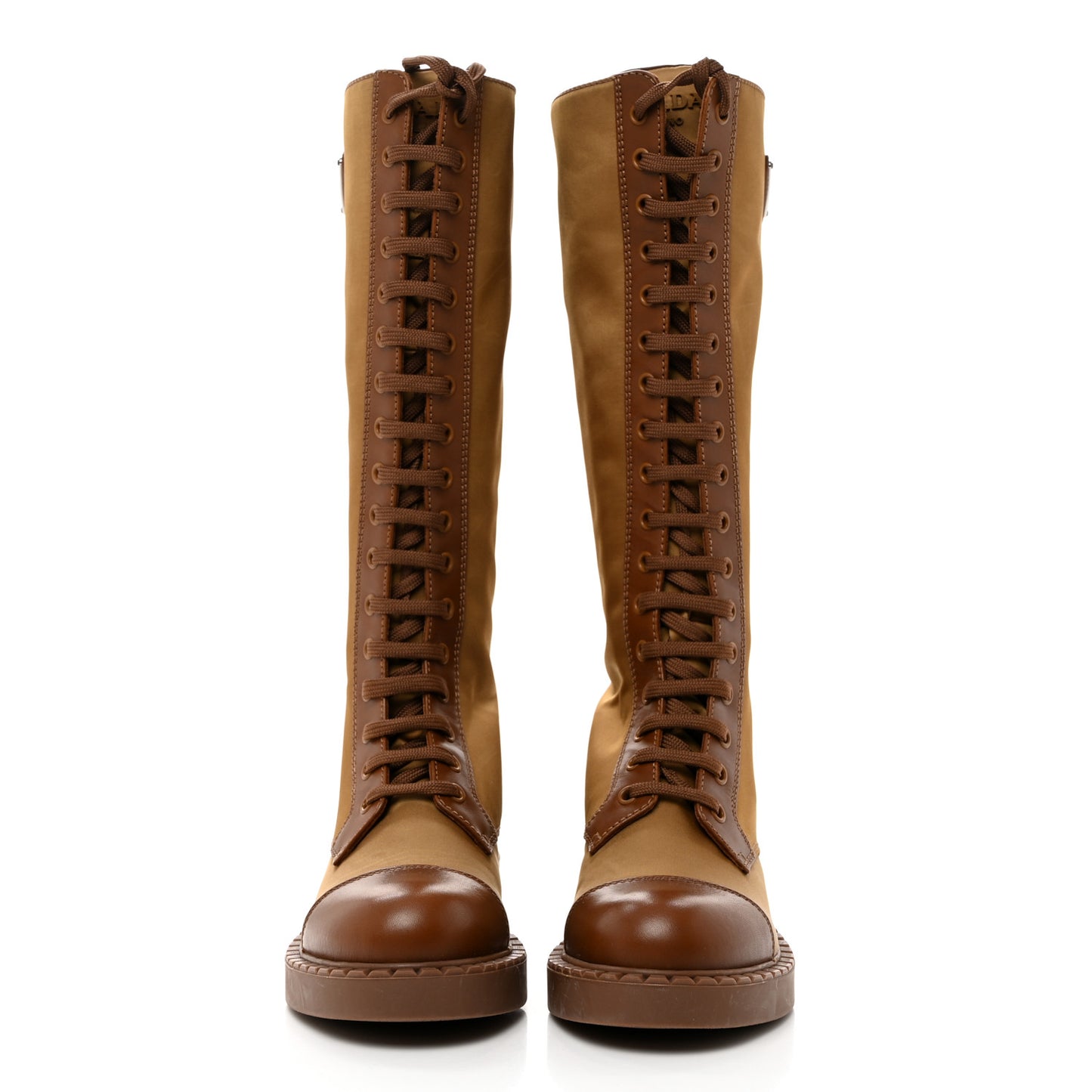 Re-Nylon Spazzolato Rois Metal Triangle Logo Tall 50mm Combat Boots 35 Tobacco Brown