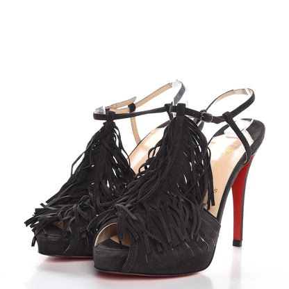 Christian Louboutin Suede Fringe 120 Platform T-Strap Sandals 38 Black 3 of 8