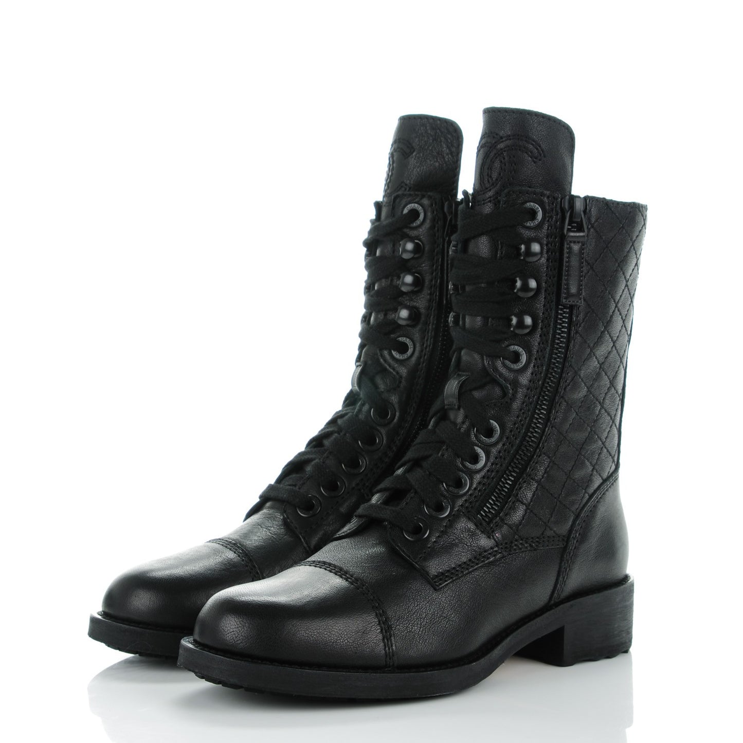 Sheepskin Quilted CC Tall Lace Up Combat Boots 35.5 Black