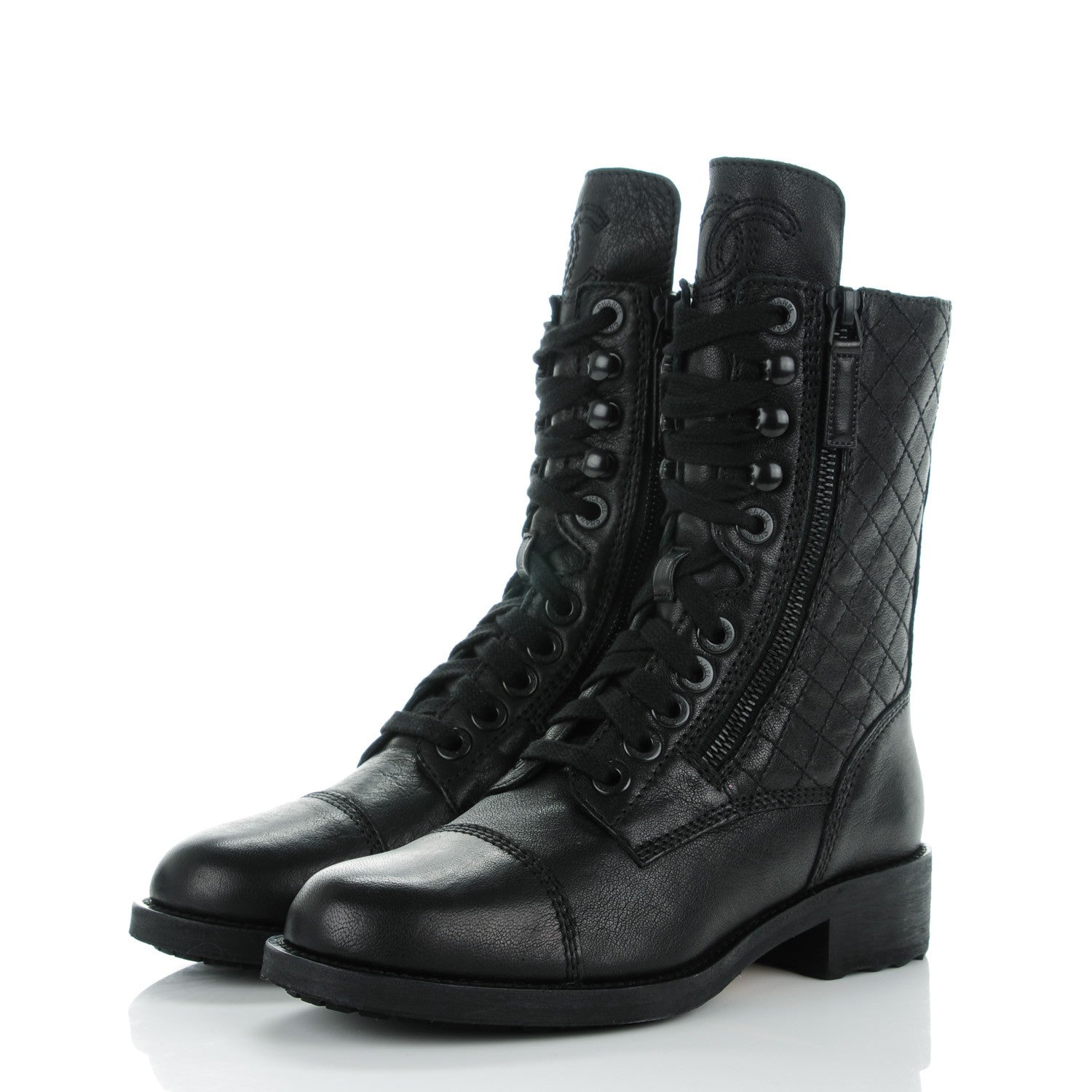 Chanel Sheepskin Quilted CC Tall Lace Up Combat Boots 35.5 Black 3 of 8