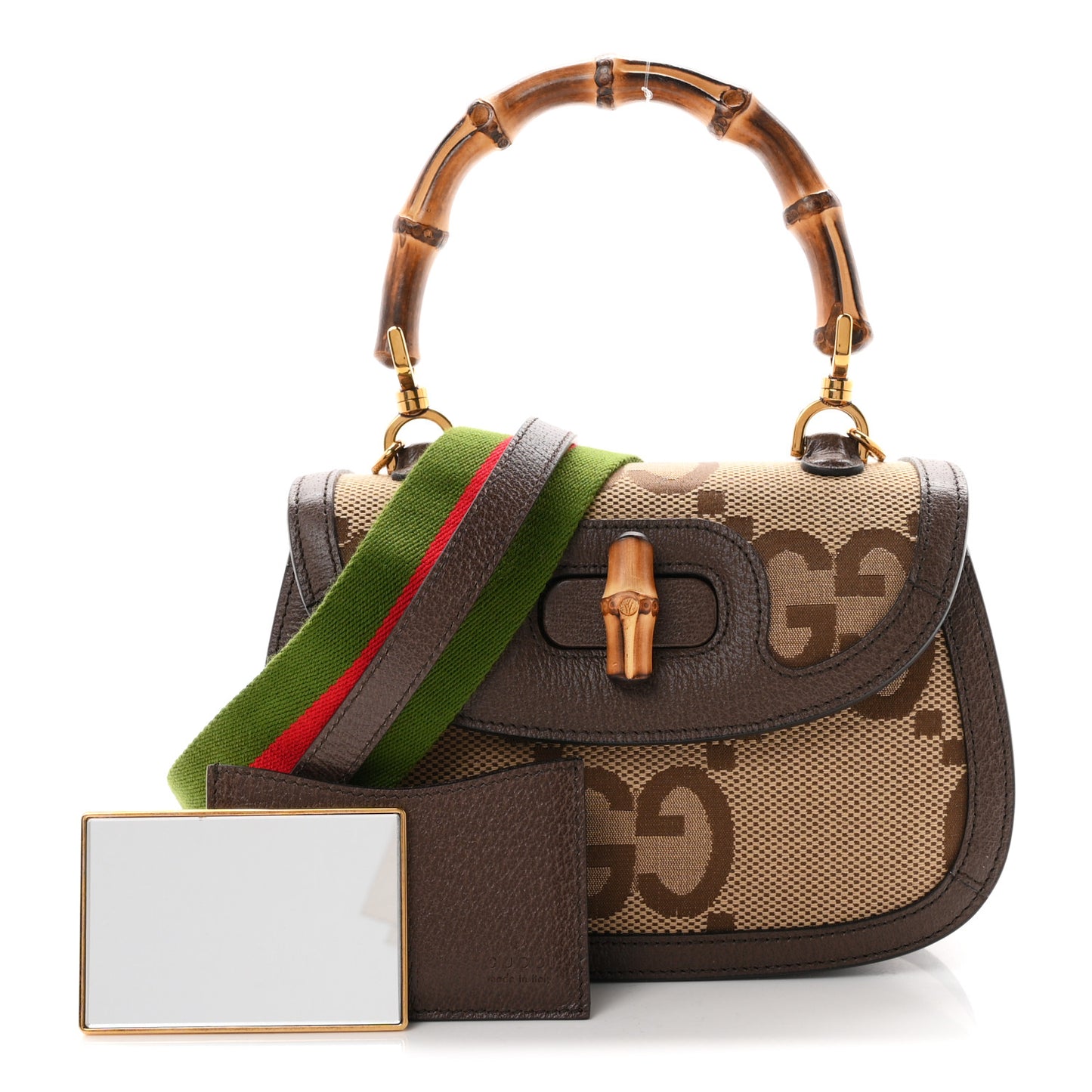 Monogram Jumbo GG Textured Dollar Calfskin Web Small Bamboo 1947 Top Handle Bag Camel Ebony New Acero