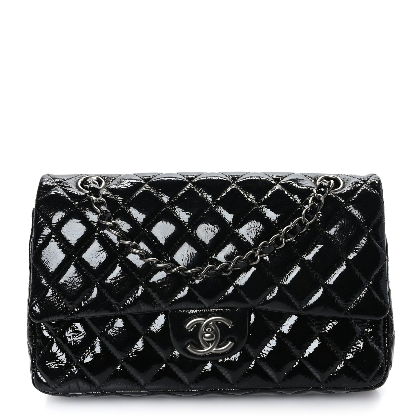 Crumpled Patent Quilted Medium Double Flap Black