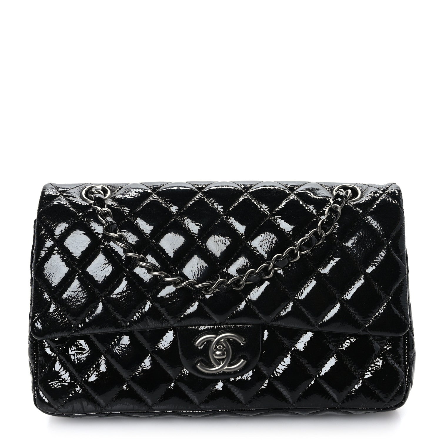 Chanel Crumpled Patent Quilted Medium Double Flap Black 1 of 9