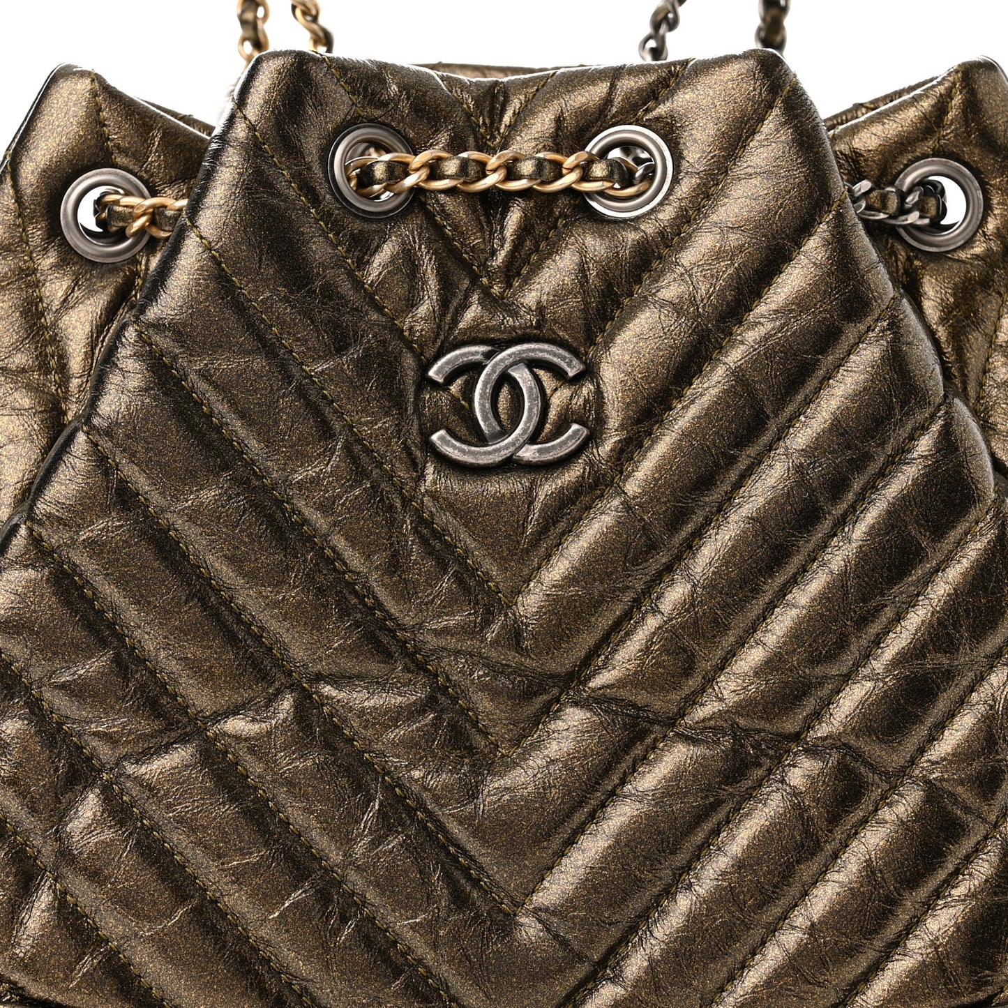 Metallic Aged Calfskin Chevron Quilted Small Gabrielle Backpack Gold