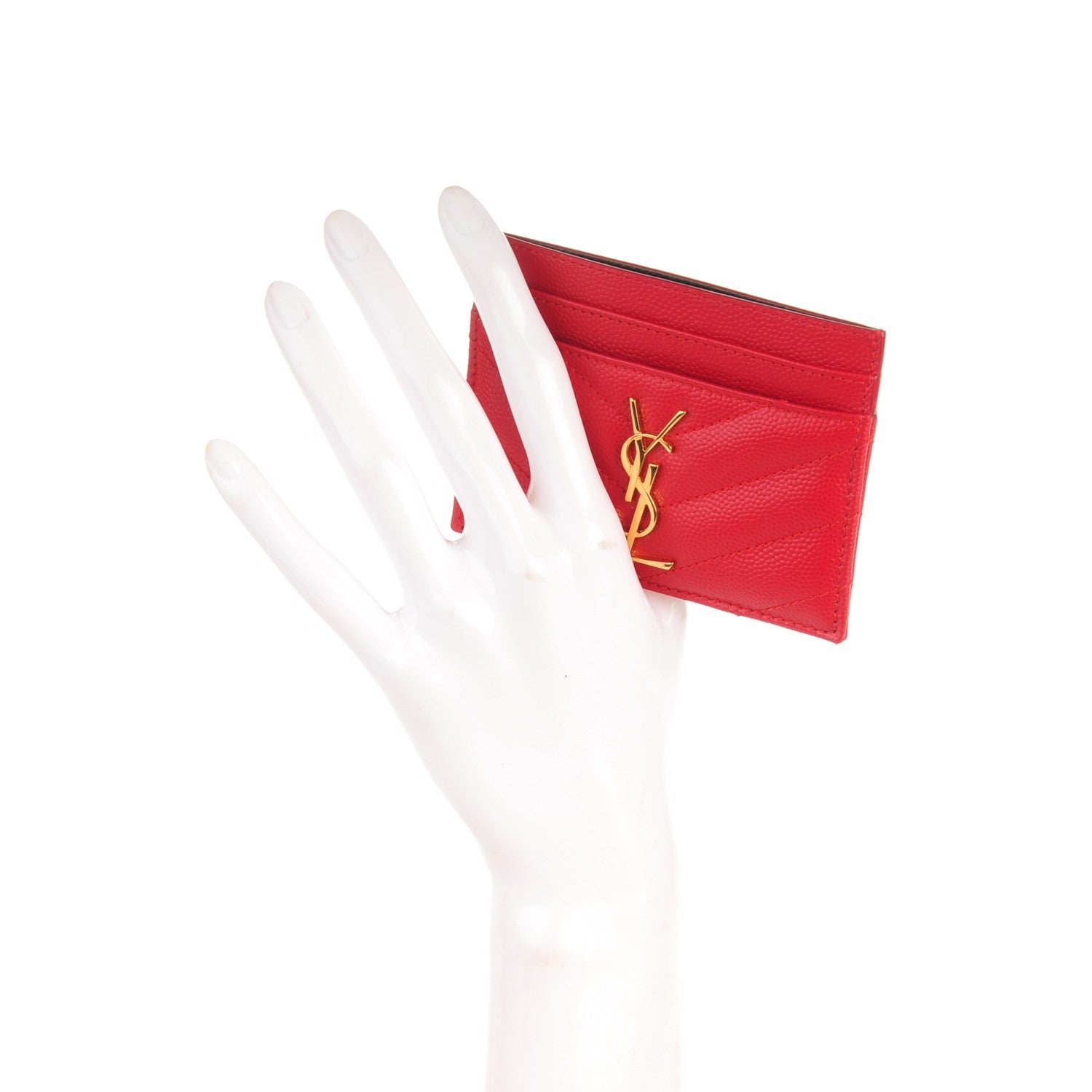 Saint Laurent Grain De Poudre Matelasse Chevron Monogram Credit Card Case New Red 2 of 7