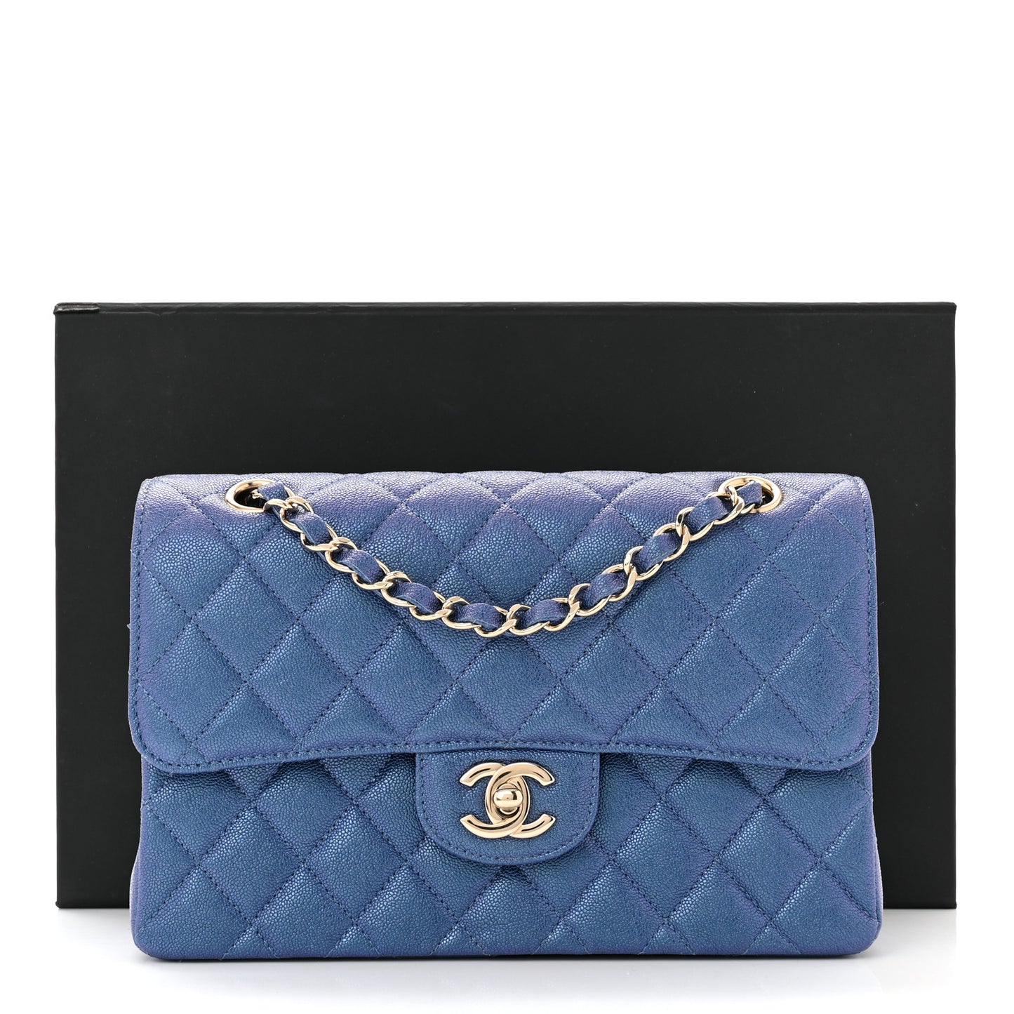 Iridescent Caviar Quilted Small Double Flap Dark Blue