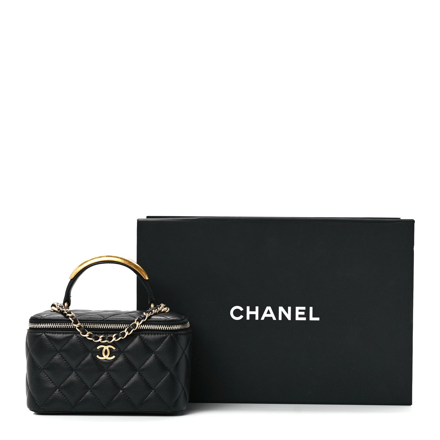 Lambskin Quilted Metal Small Top Handle Vanity Case With Chain Black