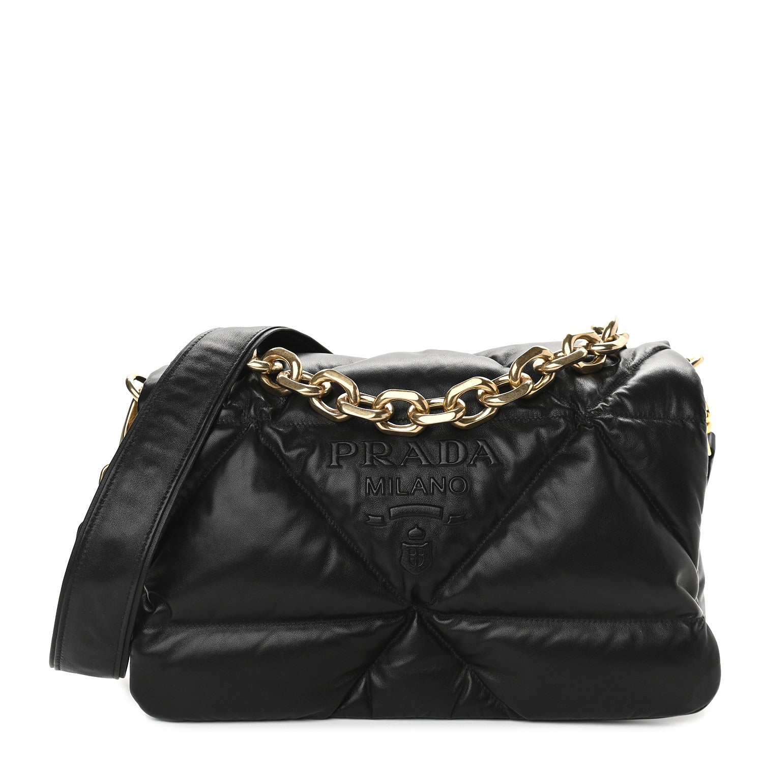 Prada Nappa Soft Padded Logo Embossed Triangle Quilted Shoulder Bag Black 1 of 8
