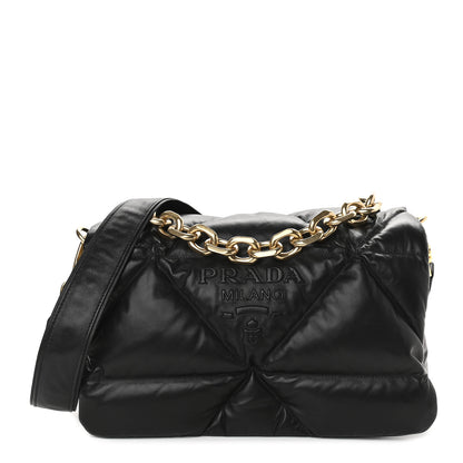 Prada Nappa Soft Padded Logo Embossed Triangle Quilted Shoulder Bag Black 1 of 8
