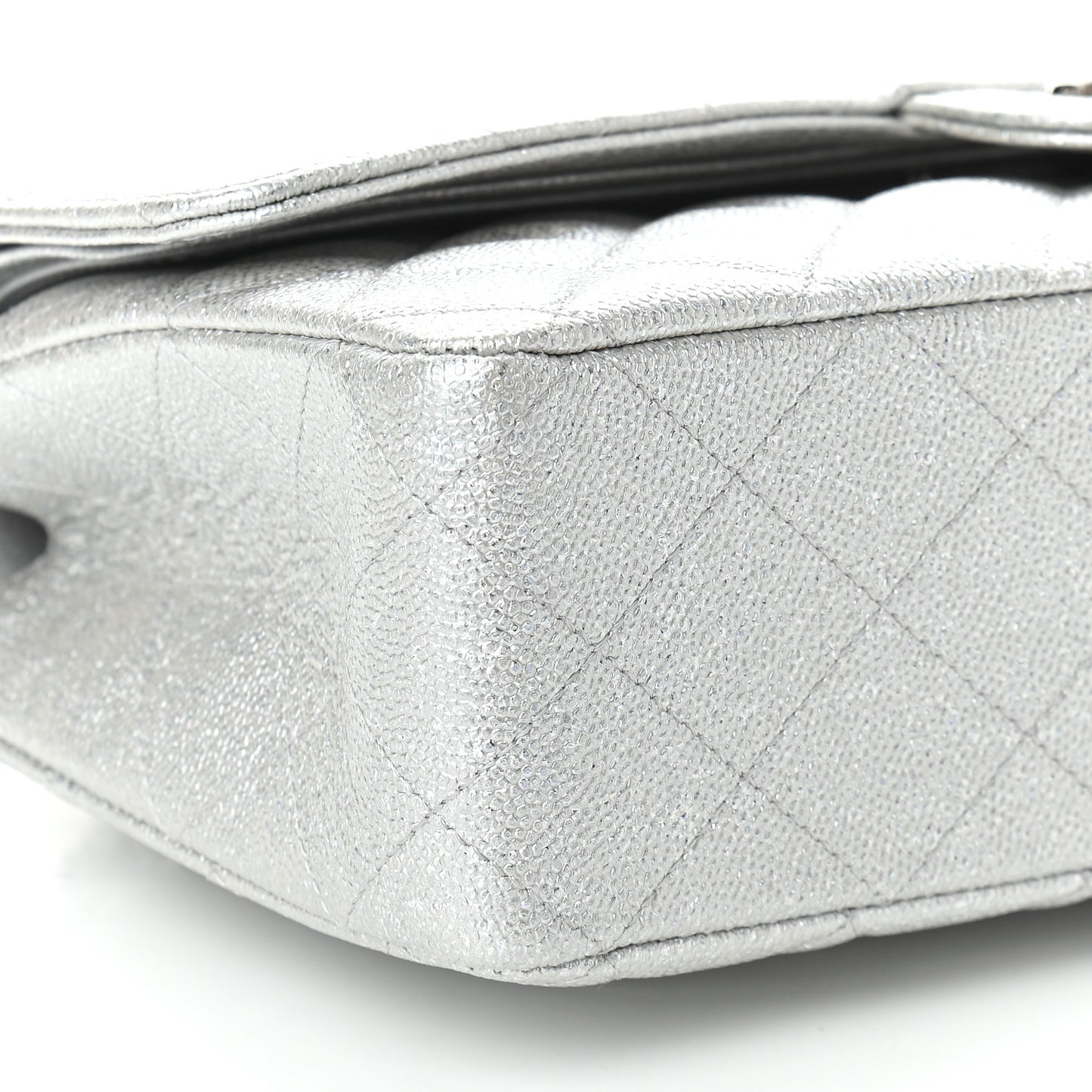 Glittered Metallic Caviar Quilted Medium Double Flap Silver
