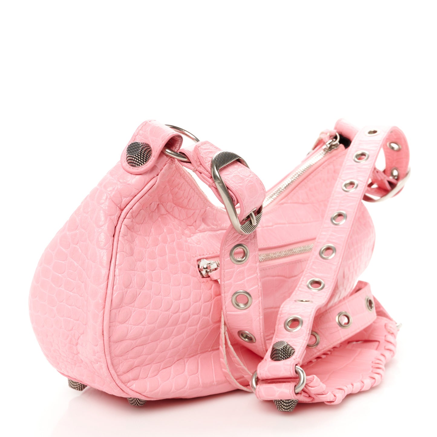 Extra Supple Calfskin Crocodile Embossed Small Le Cagole Shoulder Bag Sweet Pink