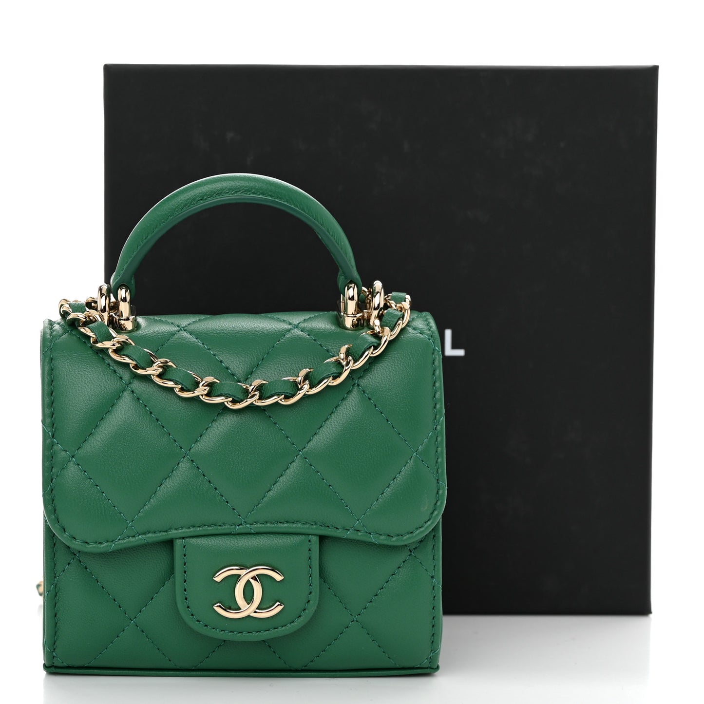 Lambskin Quilted Top Handle Flap Clutch With Chain Green