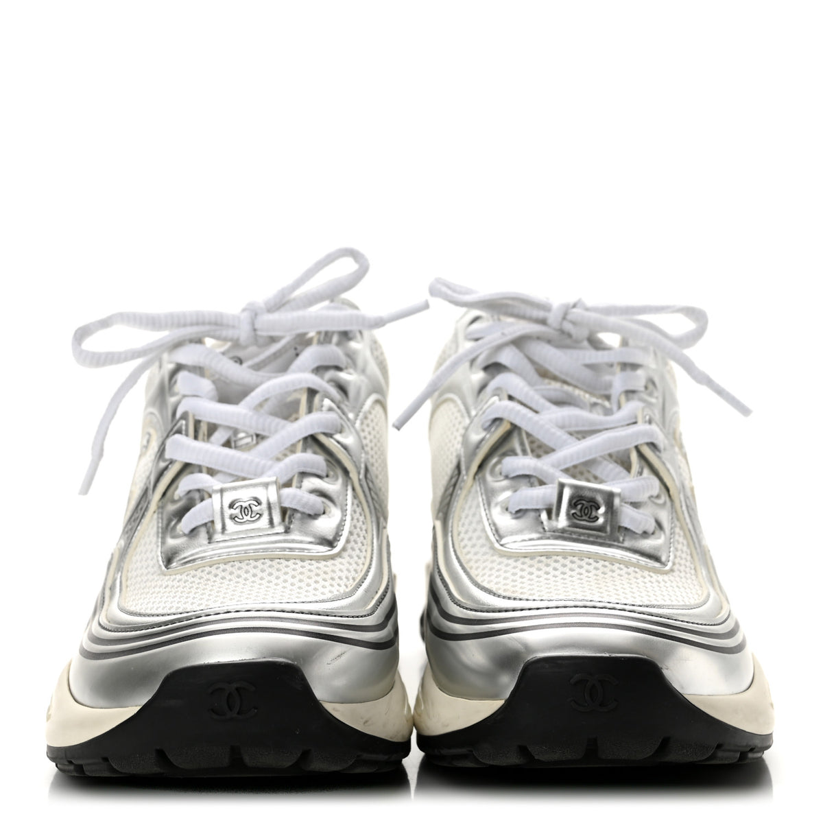 Fabric Laminated Calfskin Stretch CC Sneakers 36.5 White Gold Silver