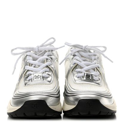 Chanel Fabric Laminated Calfskin Stretch CC Sneakers 36.5 White Gold Silver 3 of 9