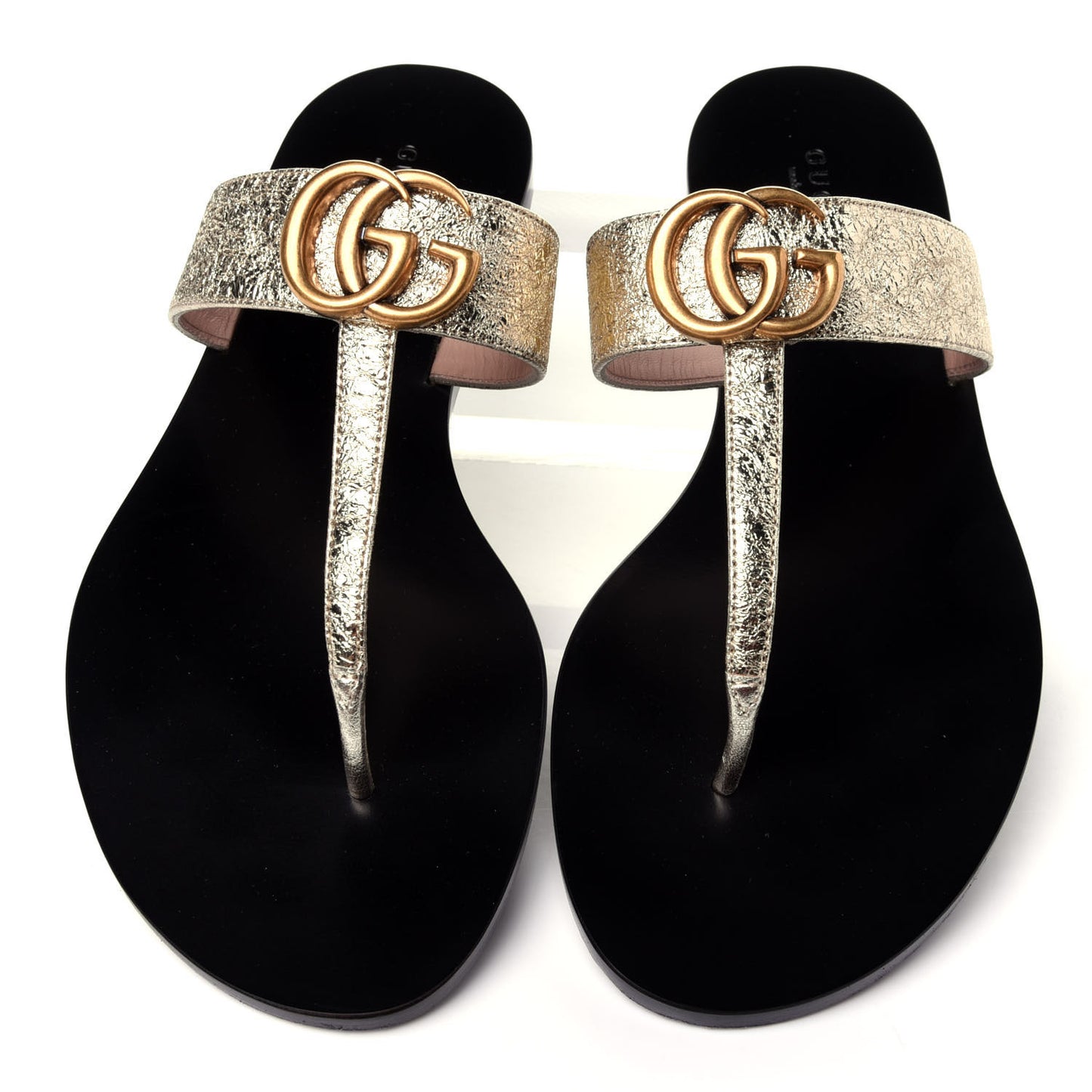 Nappa Silk Galassia GG Marmont Thong Flat Sandals 38.5 Platino
