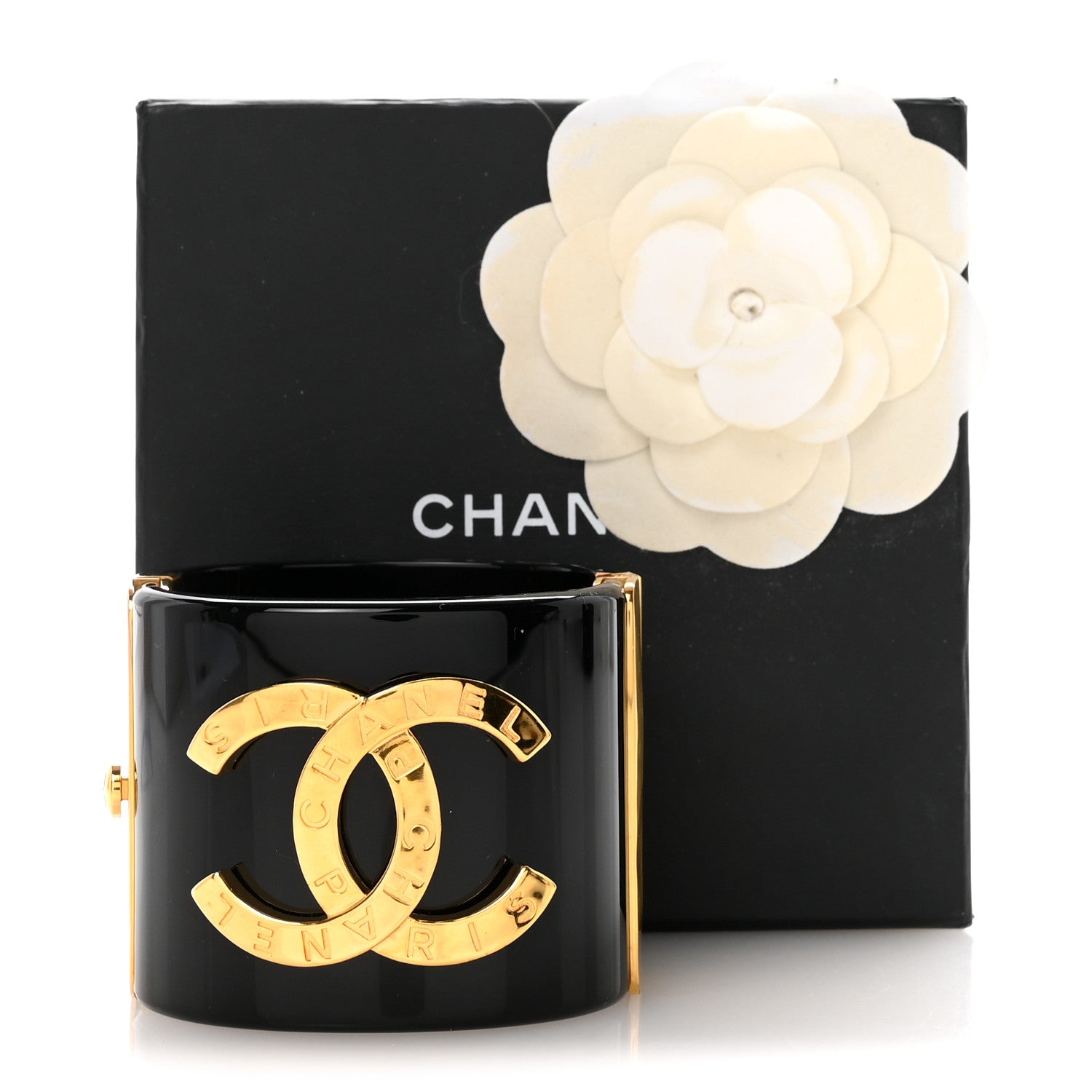 Chanel Resin CC Paris Button Cuff Bracelet Black Gold 5 of 5