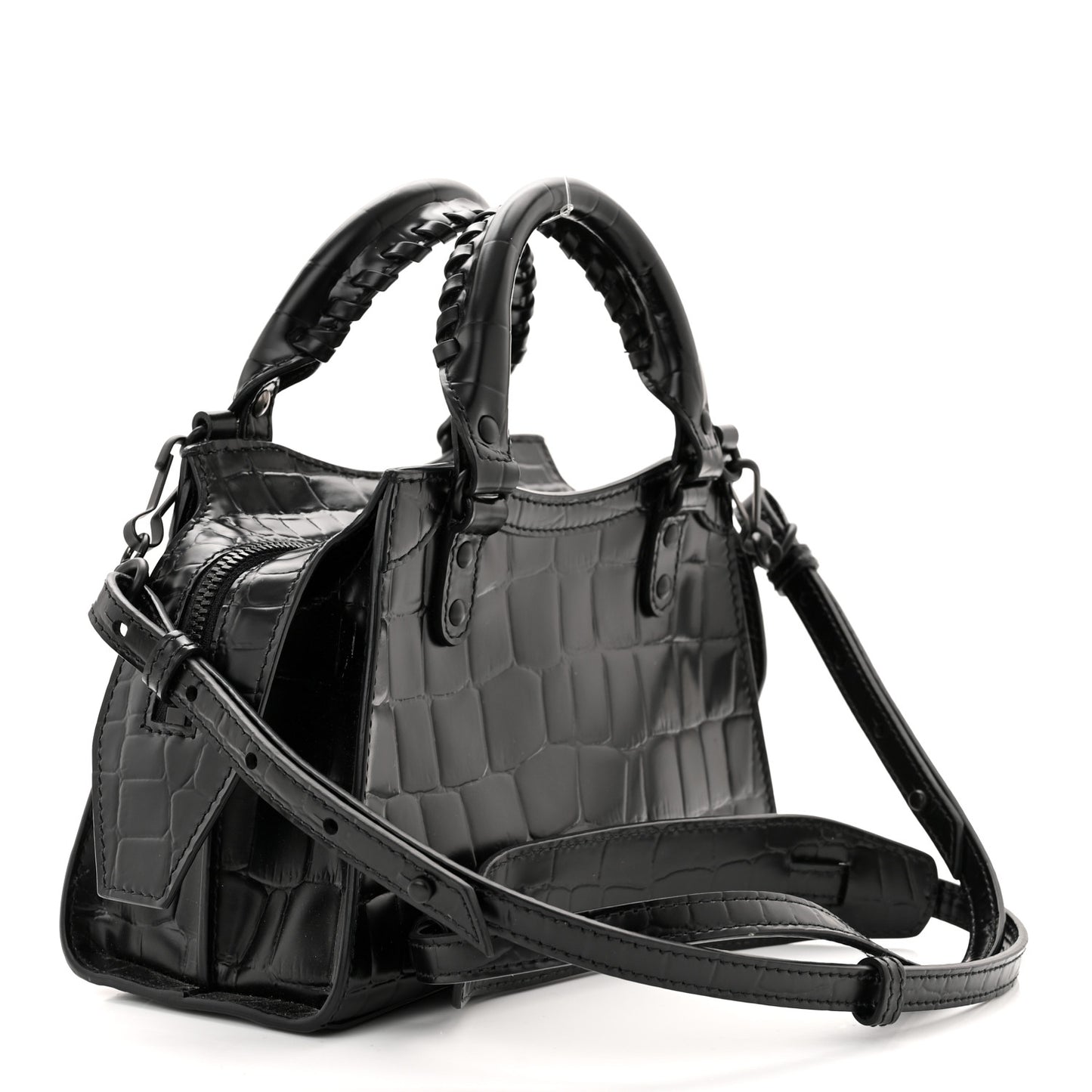 Semi Shiny Calfskin Crocodile Embossed Neo Classic Black Hardware Mini City Black