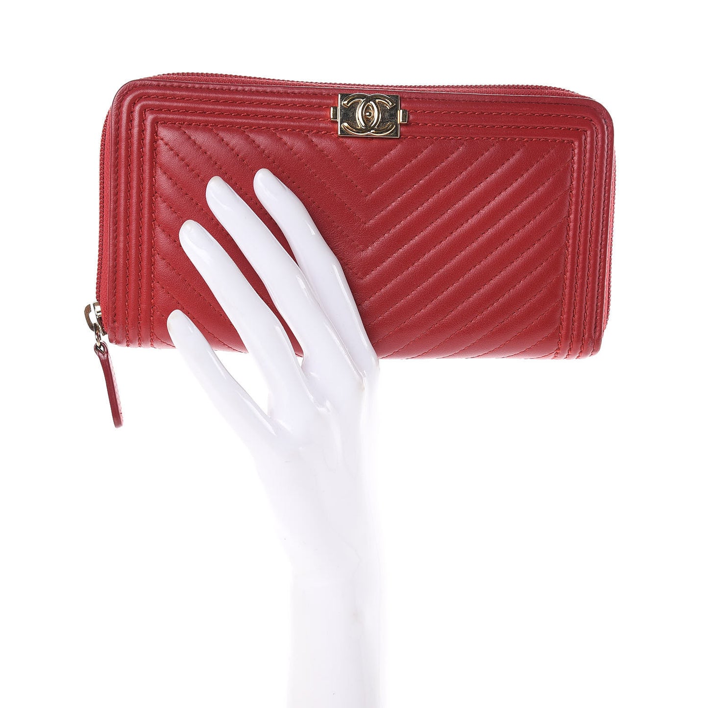 Lambskin Chevron Quilted Zip Around Boy Wallet Red