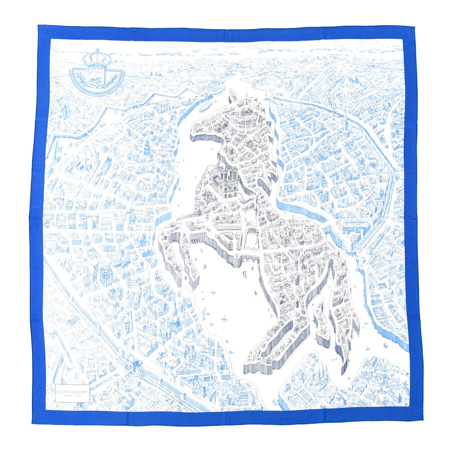 Hermes Cashmere Silk La Cite Cavaliere Shawl 140 Bleu Roy White Encre 1 of 5