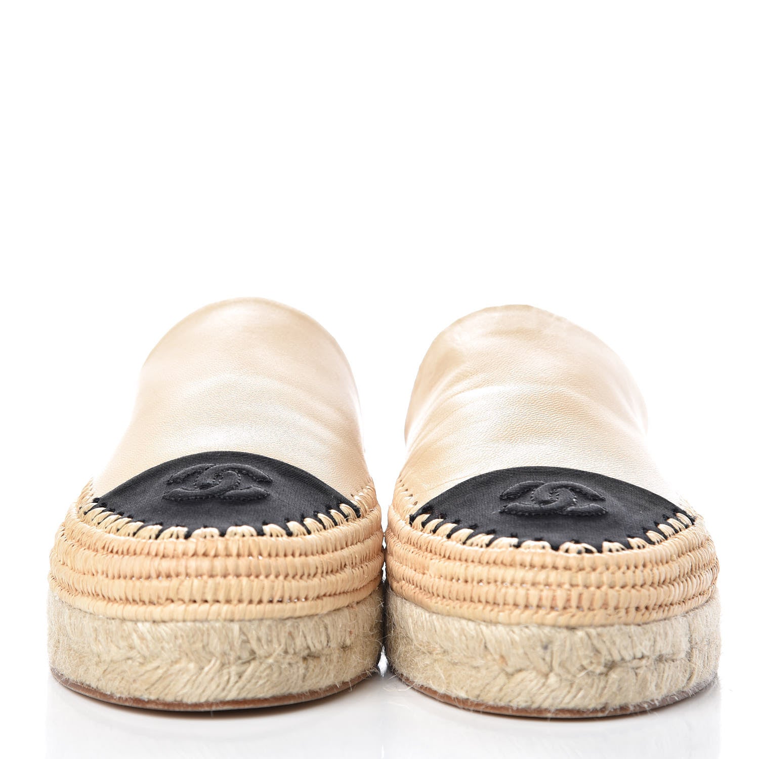 Chanel Lambskin Grosgrain CC Espadrille Mules 40 Beige Black 2 of 10