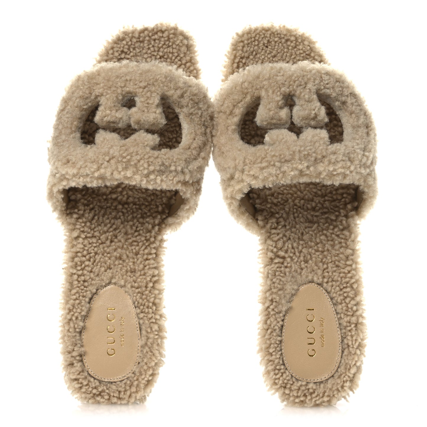 Shearling Interlocking G Cut Out Slide Sandals 37 Butterscotch