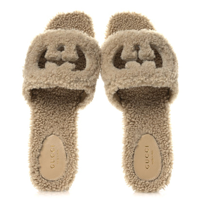 Gucci Shearling Interlocking G Cut Out Slide Sandals 37 Butterscotch 2 of 10