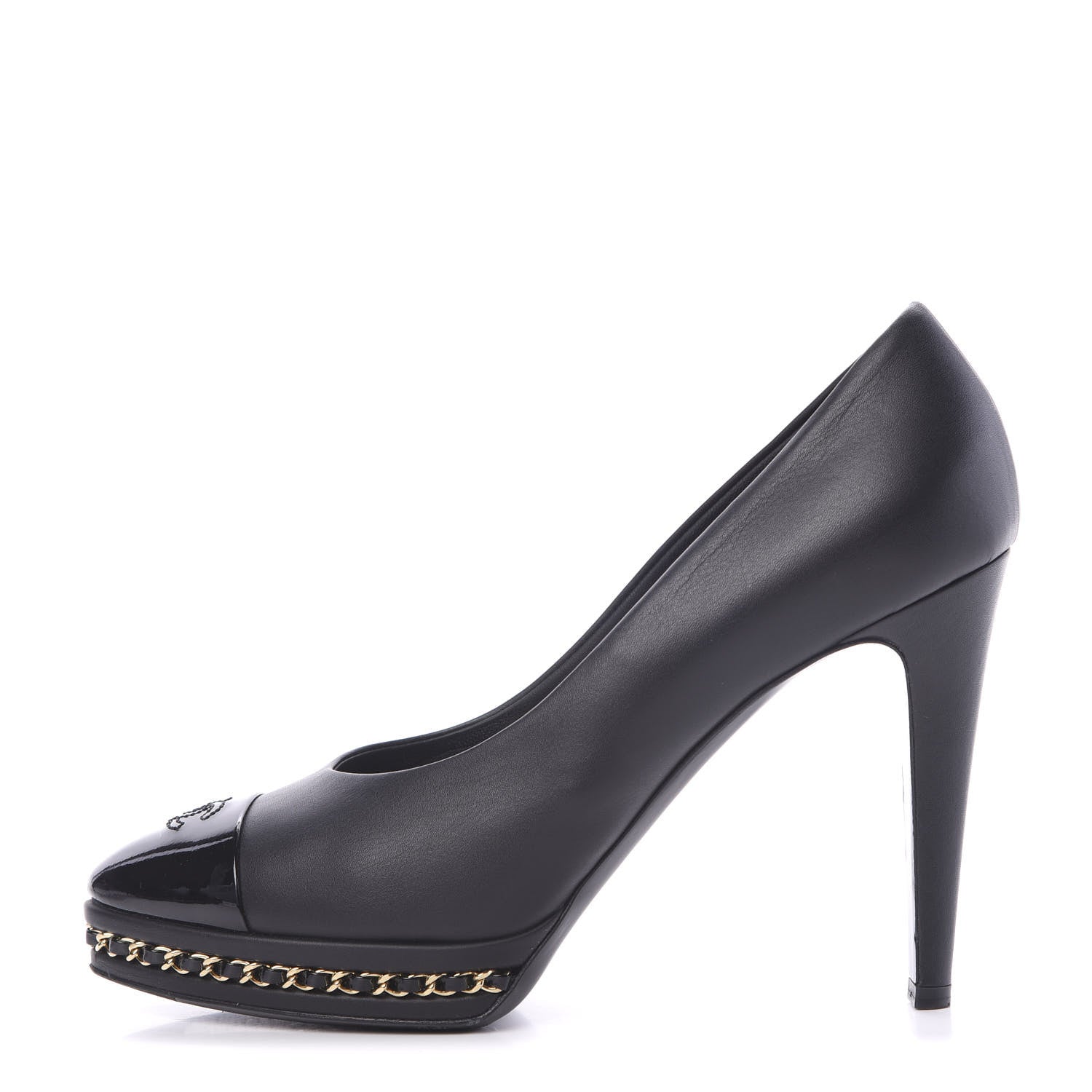 Chanel Calfskin Patent CC Cap Toe Platform Chain Pumps 39.5 Navy Black 1 of 10