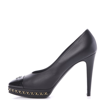 Chanel Calfskin Patent CC Cap Toe Platform Chain Pumps 39.5 Navy Black 1 of 10