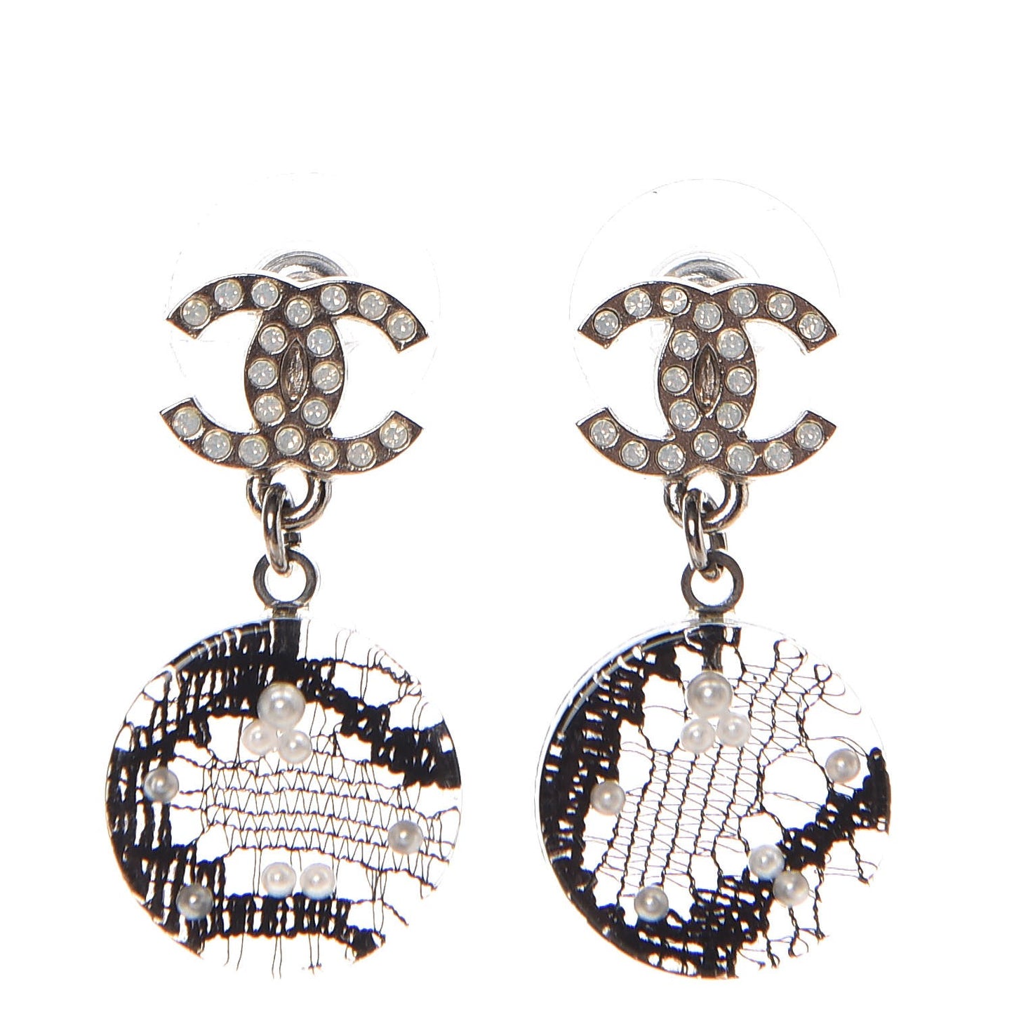 Resin Crystal Pearl Lace CC Drop Earrings Black Silver