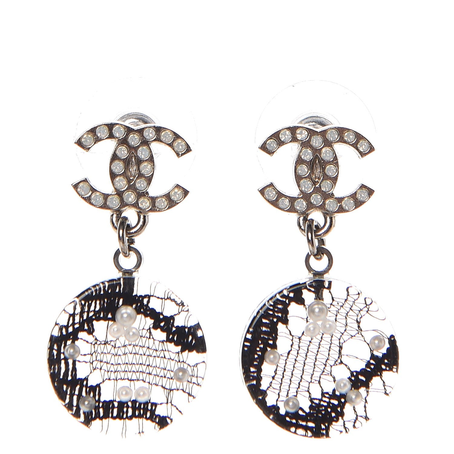 Chanel Resin Crystal Pearl Lace CC Drop Earrings Black Silver 1 of 4