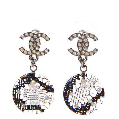 Chanel Resin Crystal Pearl Lace CC Drop Earrings Black Silver 1 of 4