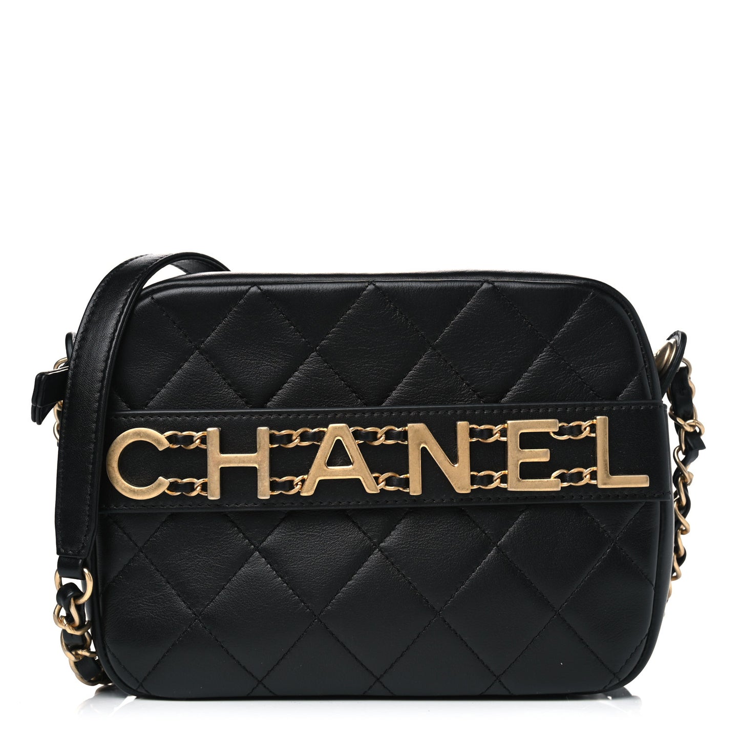 Calfskin Quilted Enchained Camera Case Bag Black