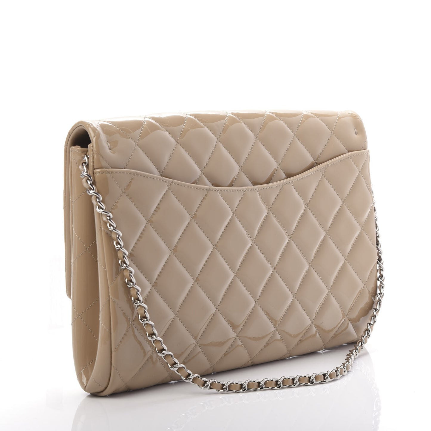 Patent Quilted Clutch with Chain Flap Beige