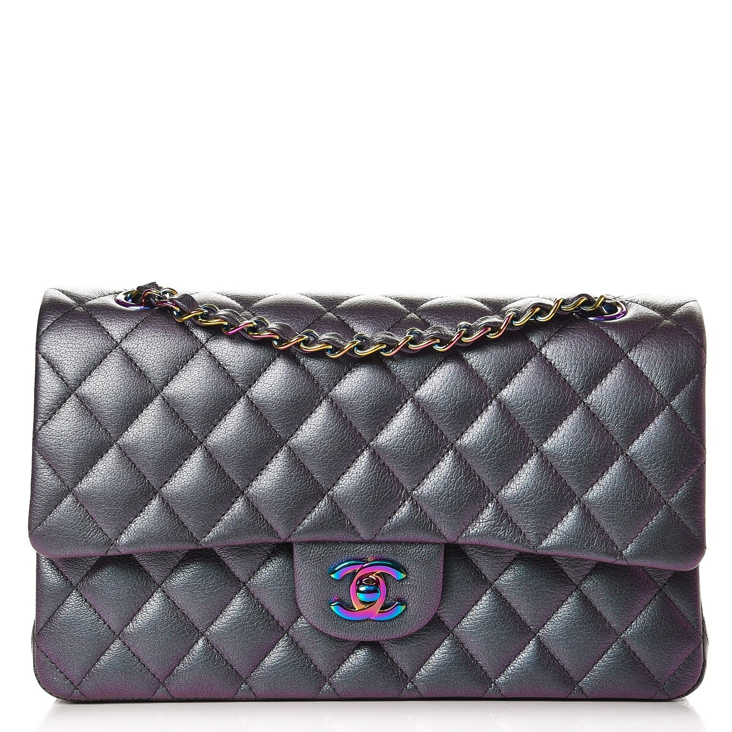 Iridescent Goatskin Quilted Medium Double Flap Purple