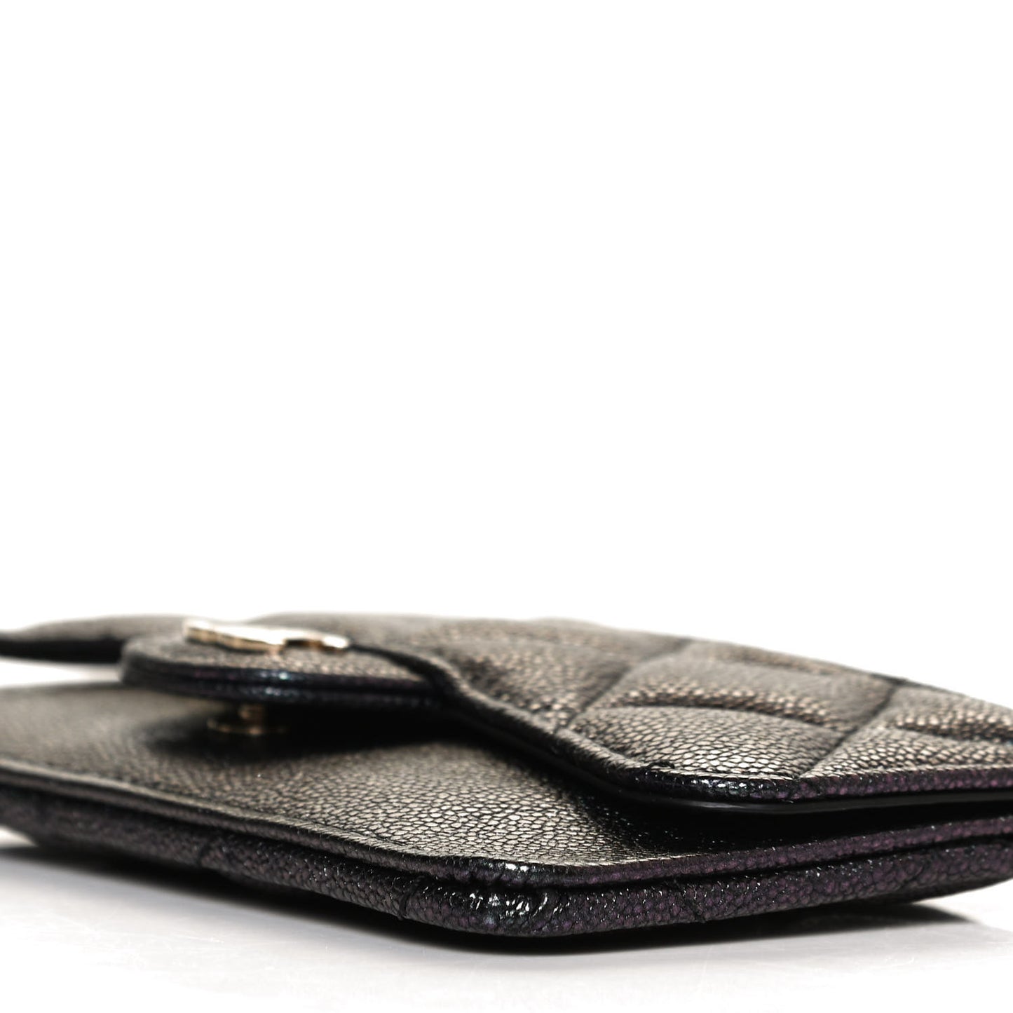 Iridescent Caviar Quilted Flap Zip Card Holder Black