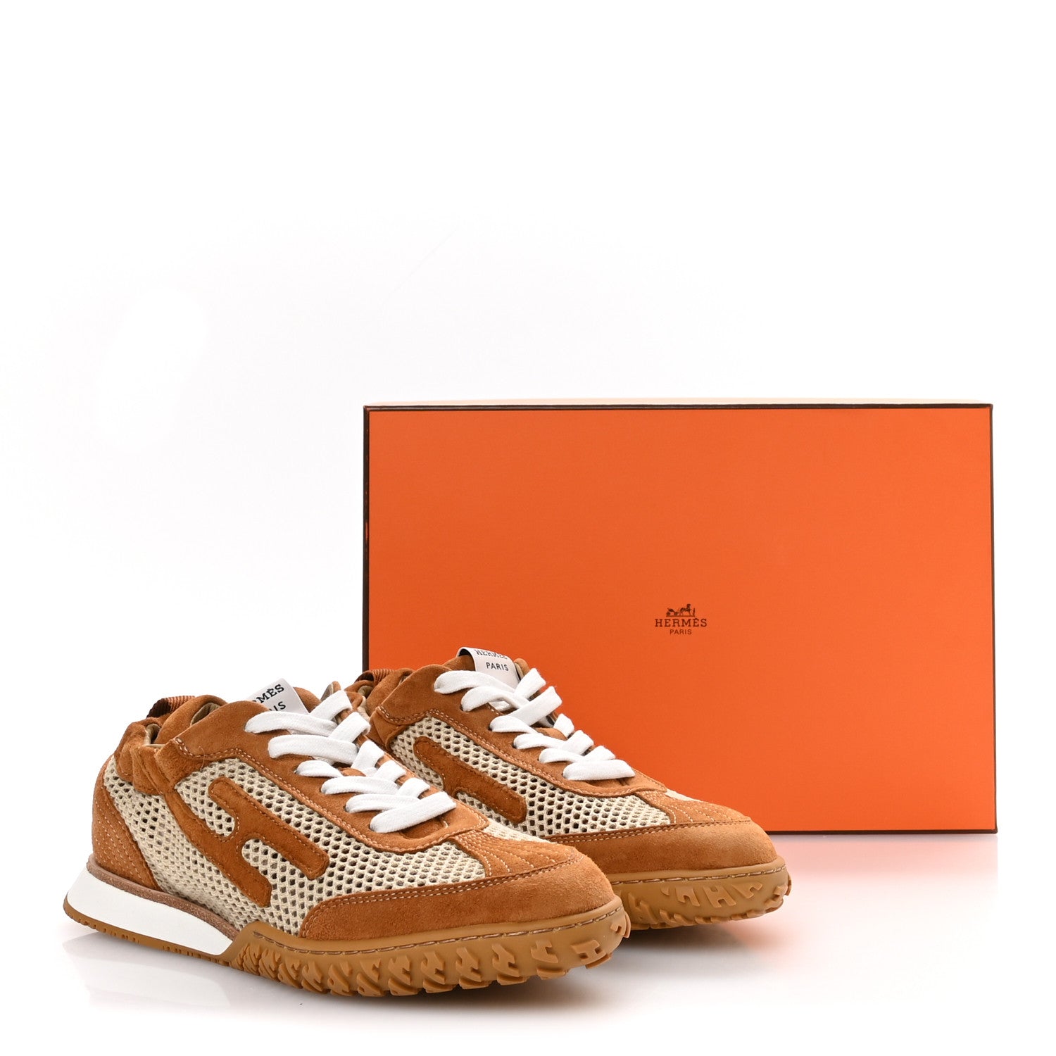 Hermes Crochet Knit Suede Goatskin Jet Sneakers 37 Beige Lin