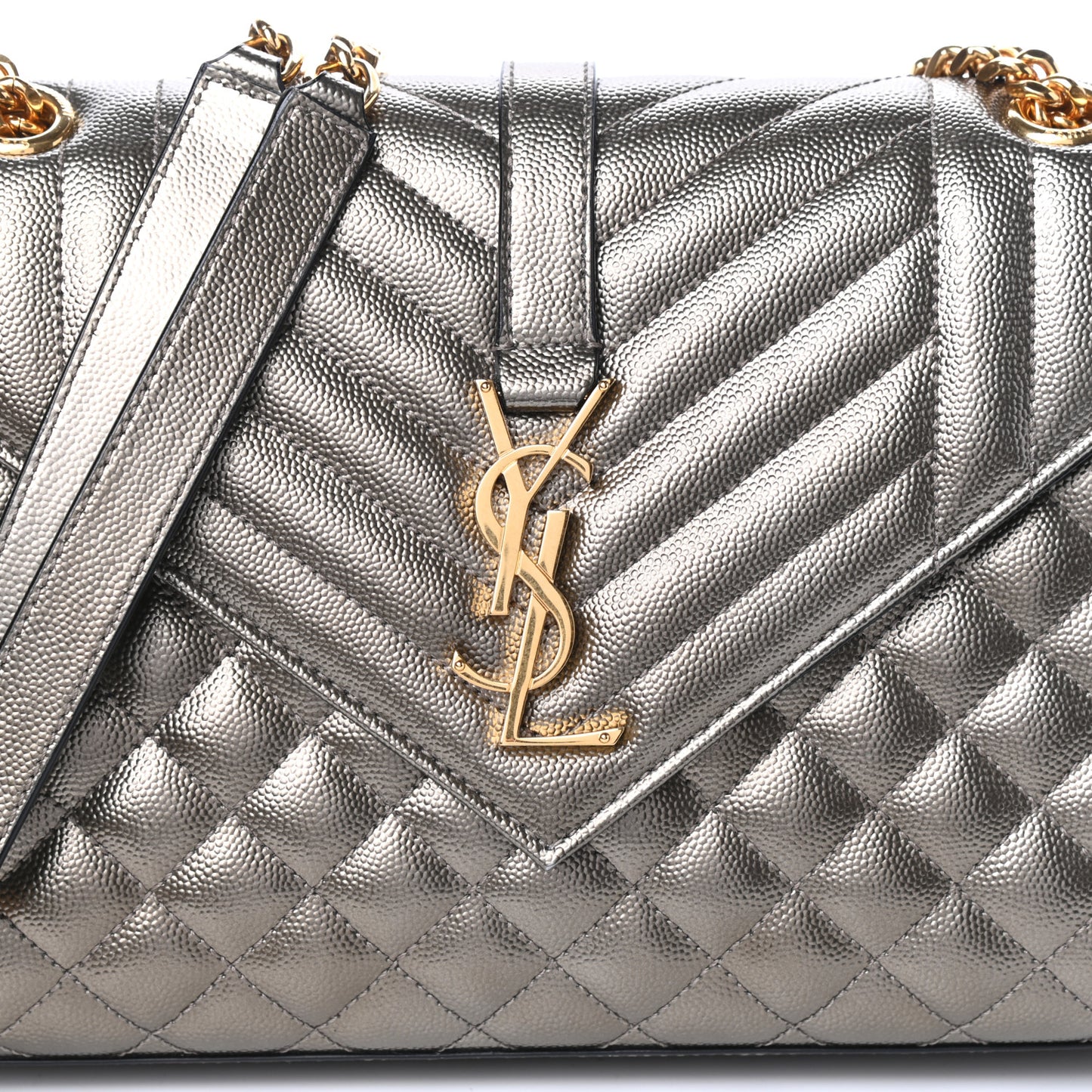 Metallic Grain De Poudre Textured Mixed Matelasse Triquilt Medium Monogram Satchel Piombo