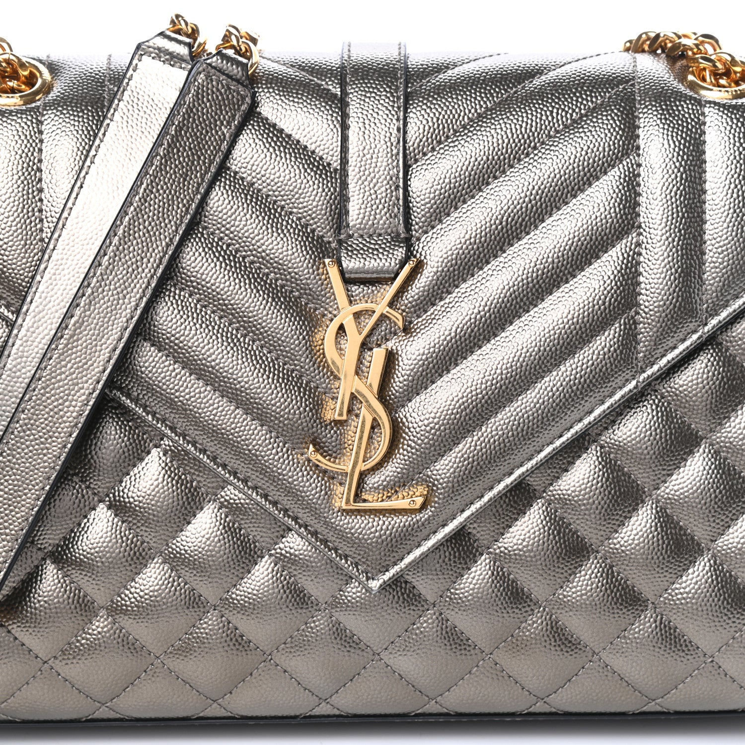 Saint Laurent Metallic Grain De Poudre Textured Mixed Matelasse Triquilt Medium Monogram Satchel Piombo 7 of 9