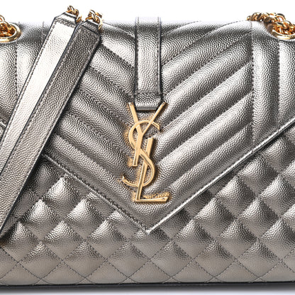 Saint Laurent Metallic Grain De Poudre Textured Mixed Matelasse Triquilt Medium Monogram Satchel Piombo 7 of 9