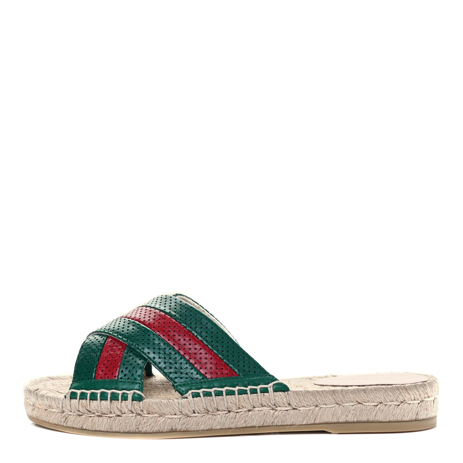 Gucci Malaga Kid Perforated Criss Cross Espadrille Slide Sandals 37 Emerald Hibiscus Red 1 of 7