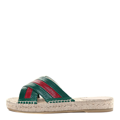 Gucci Malaga Kid Perforated Criss Cross Espadrille Slide Sandals 37 Emerald Hibiscus Red 1 of 7