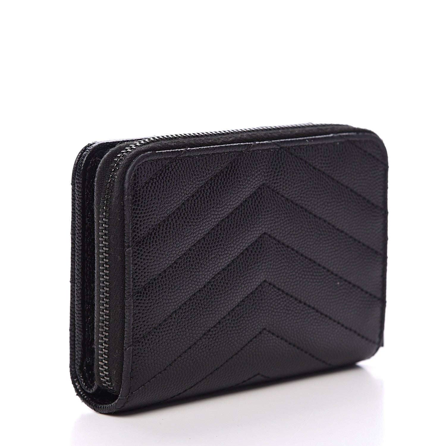 Saint Laurent Grain De Poudre Matelasse Chevron Monogram Compact Zip Around Wallet Black 2 of 11