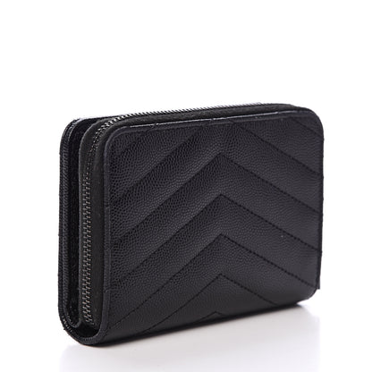 Saint Laurent Grain De Poudre Matelasse Chevron Monogram Compact Zip Around Wallet Black 2 of 11