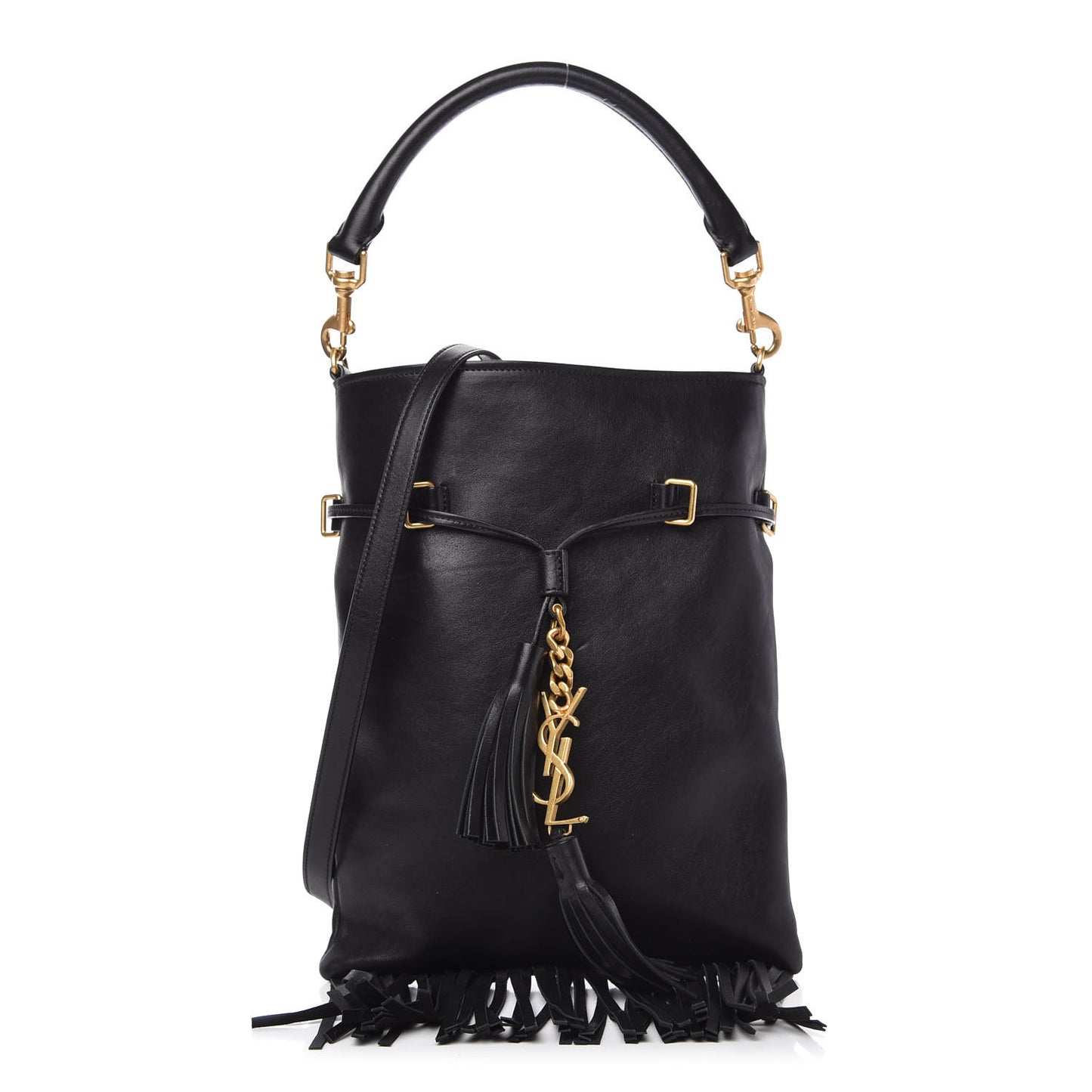 Calfskin Fringe Small Monogram Bucket Bag Black