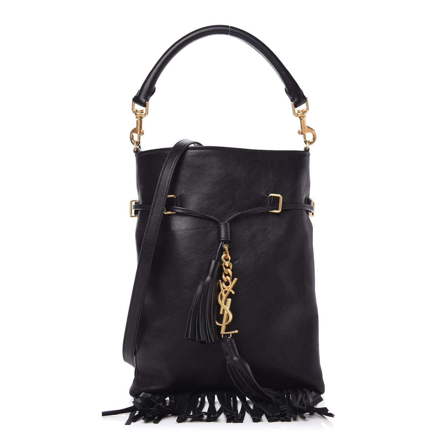 Saint Laurent Calfskin Fringe Small Monogram Bucket Bag Black 1 of 9