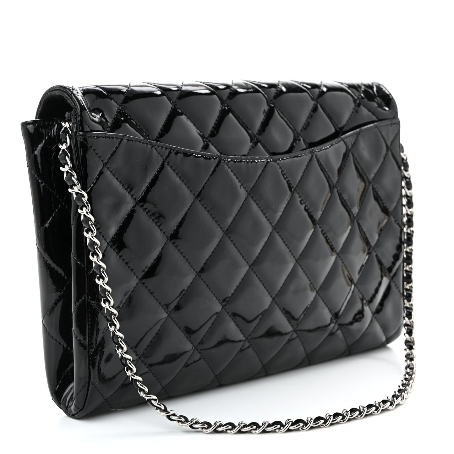 Patent Quilted Clutch with Chain Flap Black
