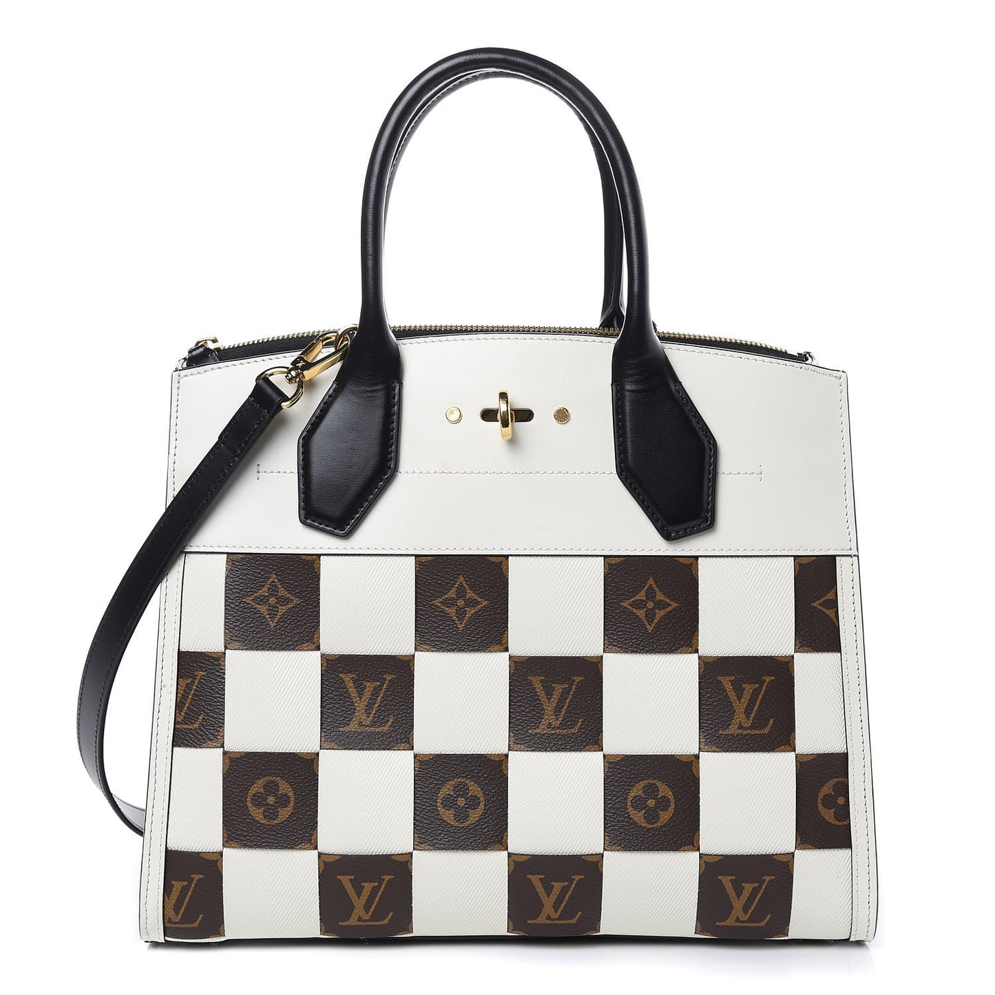 Calfskin Monogram Damier Tressage City Steamer MM Creme